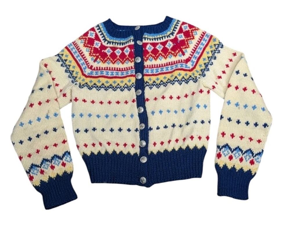 Vintage 1980s Wool Knit Nordic Fair Isle Cardigan Sweater Girl’s 7/8 S